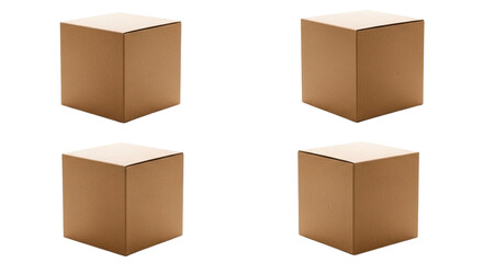 Four cardboard boxes arranged in a twobytwo grid, isolated on transparent background