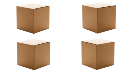 Four cardboard boxes arranged in a twobytwo grid, isolated on transparent background