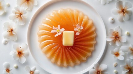 Flat lay classic pancakes with butter melting on top and maple syrup on white background