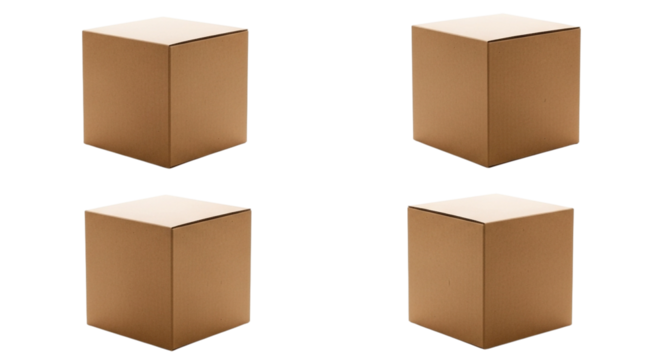 Four cardboard boxes arranged in a twobytwo grid, isolated on transparent background