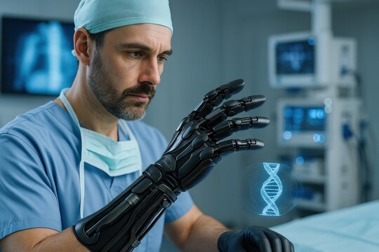 A Surgeon in a High-Tech Operating Room Examining a Robotic Hand with an Interactive DNA Representation for Innovative Medical Procedures - Powered by Adobe