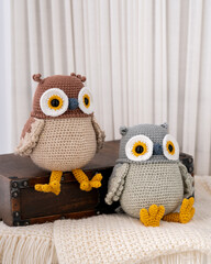 Handmade crocheted owl toys, amigurumi. Handmade soft bird toys.