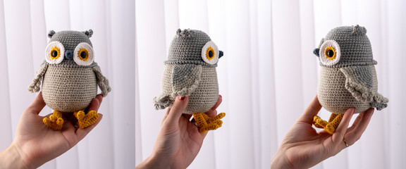 Handmade crocheted owl toys, amigurumi. Handmade soft bird toys.