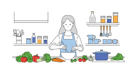Woman in apron mixing ingredients in a bowl while preparing food in a kitchen with fresh vegetables.