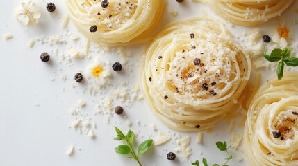 Flat lay classic Italian carbonara pasta with parmesan and pepper on white background