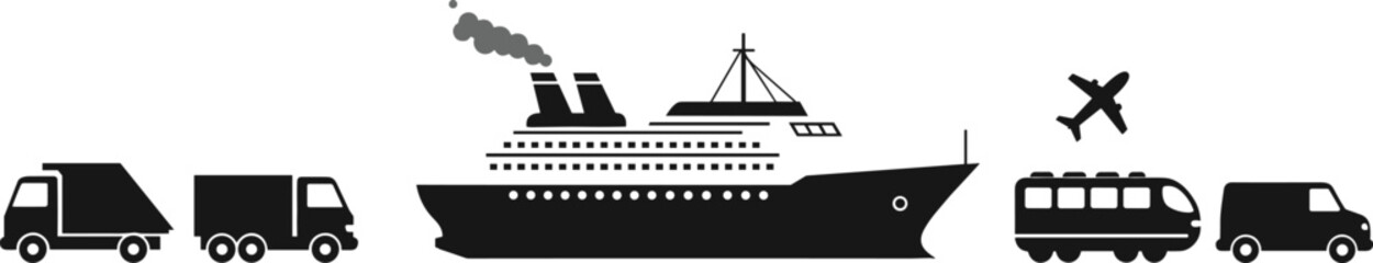 Transport silhouette icons, cargo truck, cruise ship, airplane, passenger bus, delivery van, black and white logistics vector, travel vehicle graphic