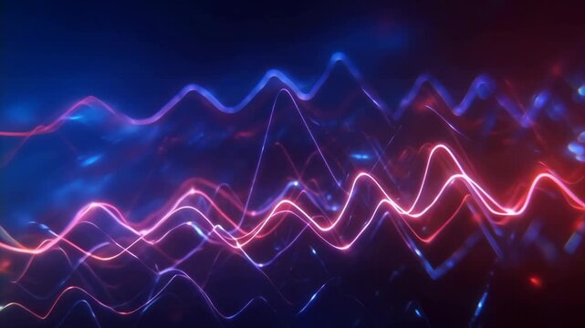 Seamless loop animation background of abstract oscillating neon light lines in blue and red electric hues
