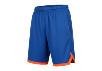 Isolated blue sport athletic fitness gym running basketball shorts with orange accent trim