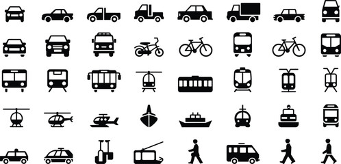 Transportation icon set, black silhouette vector, cars, bikes, boats, helicopters, airplanes, trains, pedestrians, travel symbols, urban mobility design