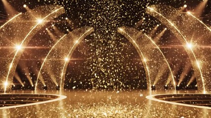 Glamorous stage with golden arches and falling confetti. - Powered by Adobe