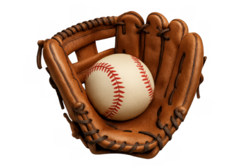 Baseball glove holding a new white baseball, ready for a game, recreation, or summer sports league activity