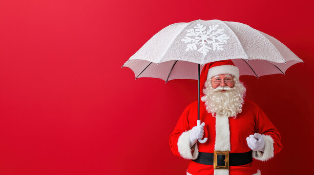 Santa Claus holding white umbrella with snowflake pattern on red background brings joyful christmas spirit