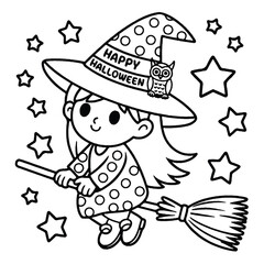 Cute Halloween Witch coloring pages with pumpkins, ghosts, and bats for kids