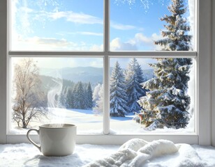 Cozy winter view from a snowy window.