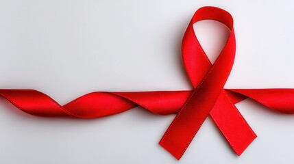 A vibrant red ribbon laid flat on a white background, symbolizing awareness and support for various causes, including health and charity initiatives.