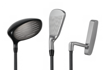 Golf clubs set featuring a driver, iron, and putter, essential equipment for playing golf sport on a course