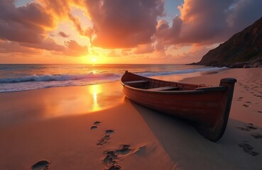 Old wooden boat rests on quiet sandy beach during golden sunset. Calm ocean waves gently wash shore under dramatic sky. Footprints in sand evoke sense of peaceful journey and solitude.