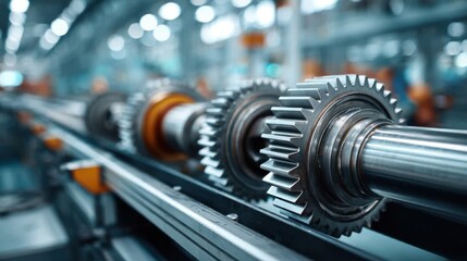 Industrial gears on a conveyor belt in a manufacturing facility during daytime operations
