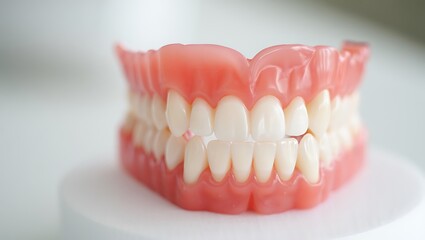 Obraz premium Close-up of realistic full dentures featuring artificial teeth and healthy gums. Ideal for dentistry, dental care, prosthetics, oral health concepts, clinical treatments, and professional medical.