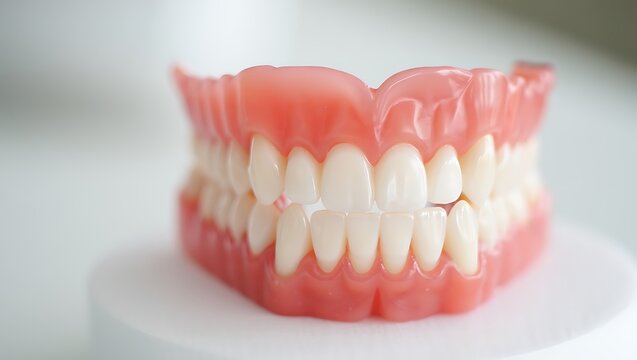 Close-up of realistic full dentures featuring artificial teeth and healthy gums. Ideal for dentistry, dental care, prosthetics, oral health concepts, clinical treatments, and professional medical.