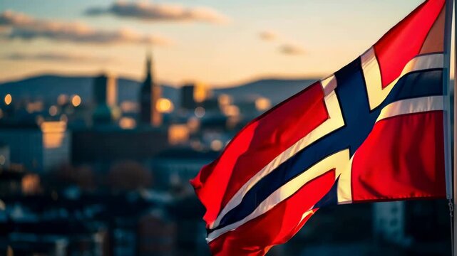 Norwegian flag waving proudly in wind with city bokeh background at sunset. National holiday celebration and travel concept.
