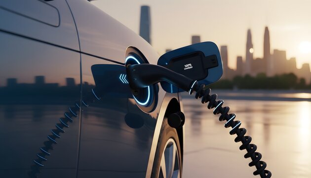 An electric vehicle charging at sunset with warm ambient glow and bokeh lights, representing sustainability, green energy and modern transport solutions. Perfect for eco-friendly automobile vlogs