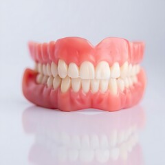 Obraz premium Close-up of realistic full dentures featuring artificial teeth and healthy gums. Ideal for dentistry, dental care, prosthetics, oral health concepts, clinical treatments, and professional medical.