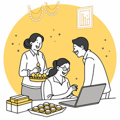 Vector line art of coworkers celebrating Diwali in office with diyas and sweets, glowing gradient background.