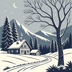 Fototapeta premium Winter season night landscape with village under the snow in the first plan, mountains and forest in the background. Hand drawn vector illustration. Can be used for christmas gifts, decorations.
