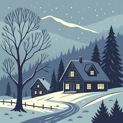 Naklejka premium Winter season night landscape with village under the snow in the first plan, mountains and forest in the background. Hand drawn vector illustration. Can be used for christmas gifts, decorations.