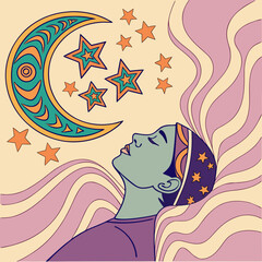 Surreal dreamscape with crescent moon and swirling stars emanating from sleeping person's head vector
