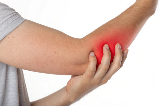 man holding elbow with a red highlight showing pain or inflammation.