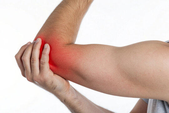 A person clutching their elbow with a red highlight showing pain.