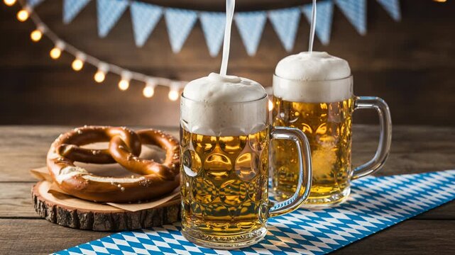 Background of the Oktoberfest festival with beer mugs and pretzels.