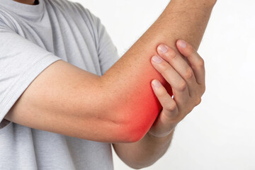 A person gripping their elbow with red highlight indicating pain or inflammation.