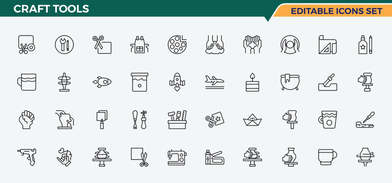 Craft Tools line icon set. Related to carpenter, handyman, wood craft, tool, craft, carpenter tools, repair and more. Craft icon set. Icons for application. Pixel perfect. Editable vector.