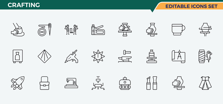 Crafting icon set in linear style. Pack of tool, handyman, tools, repair, carpenter, craft and more. Craft icon set. Minimalist linear icons. Pixel perfect. Editable stroke.