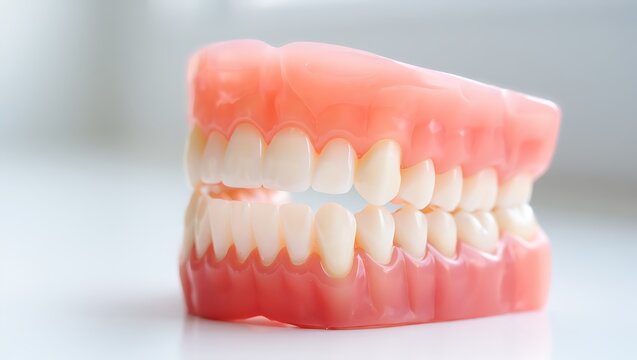 Close-up of realistic full dentures featuring artificial teeth and healthy gums. Ideal for dentistry, dental care, prosthetics, oral health concepts, clinical treatments, and professional medical.