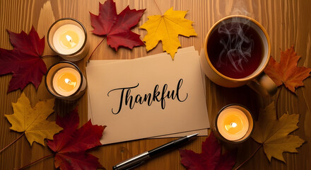 Warm autumn evening with candles and a cup of tea, surrounded by colorful fall leaves and a message of gratitude.
