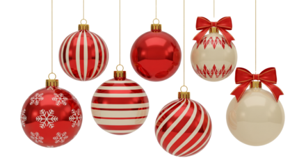 Set of Christmas baubles hanging isolated on white or transparent background