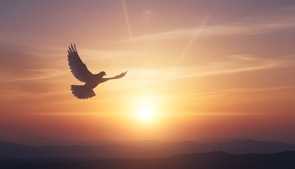 A graceful dove silhouette gliding across a warm golden sky, symbolizing peace, hope and calm moments. A timeless visual for awareness campaigns, spiritual themes and global harmony messages.