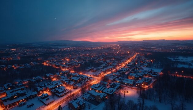 Winter aerial of snow covered town at dusk. Houses roofs covered with snow. Lanterns illuminate streets and homes. Beautiful clouds in sky at sunset time. Residential area at winter.