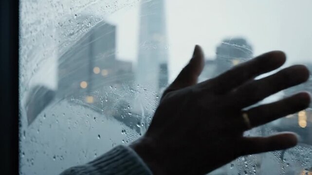 Person Cleaning Rainy Window with Hand Using Cloth in Soft Light