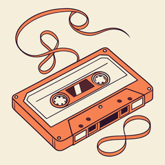 Groovy retro cassette tape in cartoon graphic style with funky orange and vintage audio detail. Music nostalgia and y2k vibe blend as a playful groovy element for stylish fun creative projects