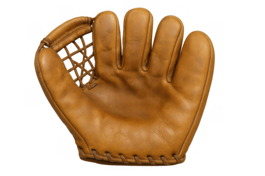 Vintage baseball mitt, brown leather traditional equipment, capturing classic sports nostalgia, on transparent background