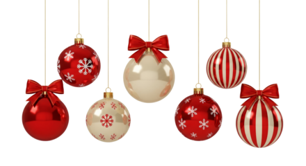 Set of Christmas baubles hanging isolated on white or transparent background