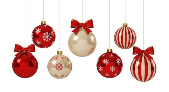 Set of Christmas baubles hanging isolated on white or transparent background