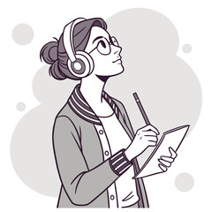 Woman's Thoughtful Contemplation: A stylish woman with glasses, headphones, and a pencil engages in deep thought, her gaze directed towards the upper right