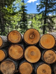 Stack of fresh cut pine logs with round wood rings in a serene forest clearing under bright daylight