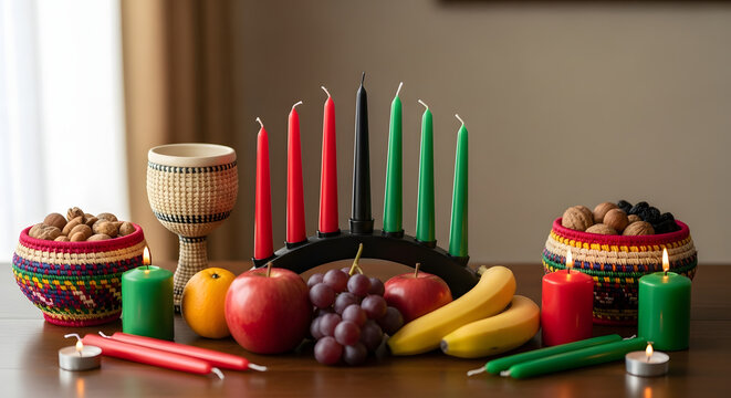 Vibrant Kwanzaa celebration with kinara, fruits, and candles on a wooden table.